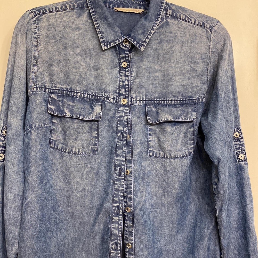 Soft Surroundings Button Acid Wash Denim Shirt